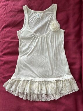 Thread White Tank with Lace Hem and Floral Accent